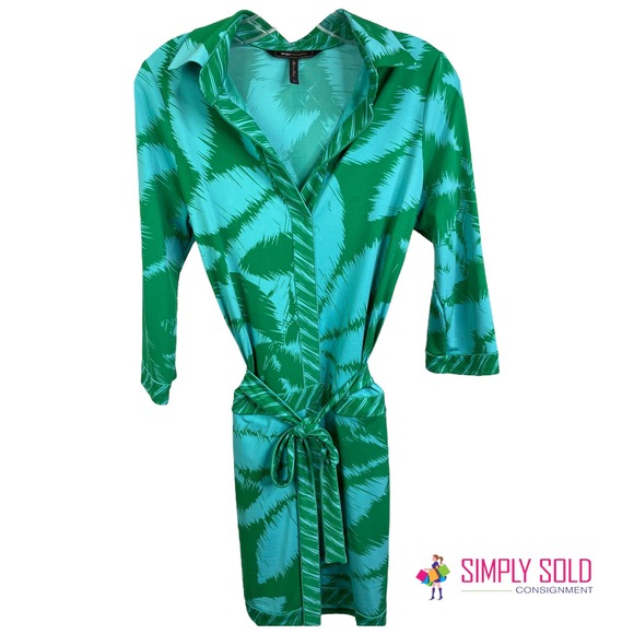 BCBGMAXAZRIA Women's A-Line Dress Long Sleeve Green Stretch Collared Wrap S - Picture 2 of 12